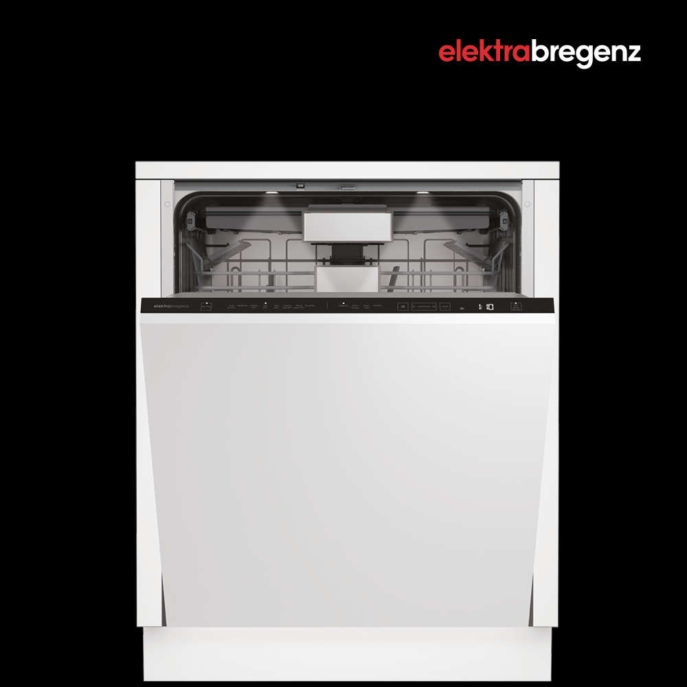 Geschirrspüler von elektrabregenz leicht geöffnet auf schwarzem Hintergrund und Logo elektrabregenz.