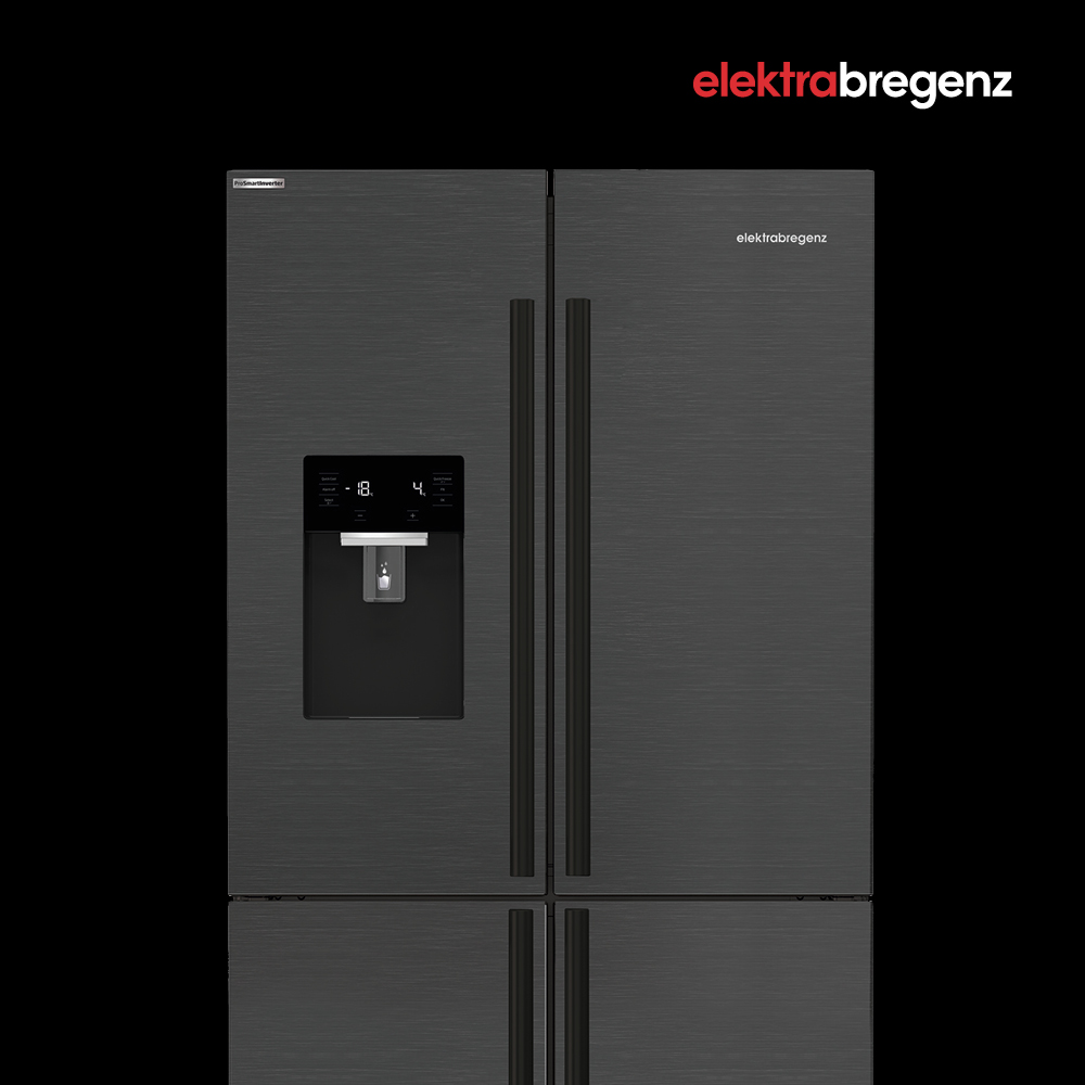 „Kühl-Gefrierschrank von elektrabregenz auf schwarzem Hintergrund und Logo elektrabregenz.