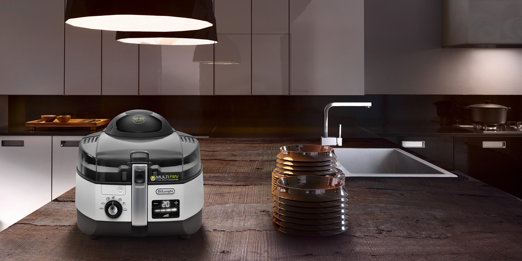 Der De'Longhi Multifry Extra Chef Plus anthrazit/​wei&szlig; Hei&szlig;luftfritteuse in einer K&uuml;che 