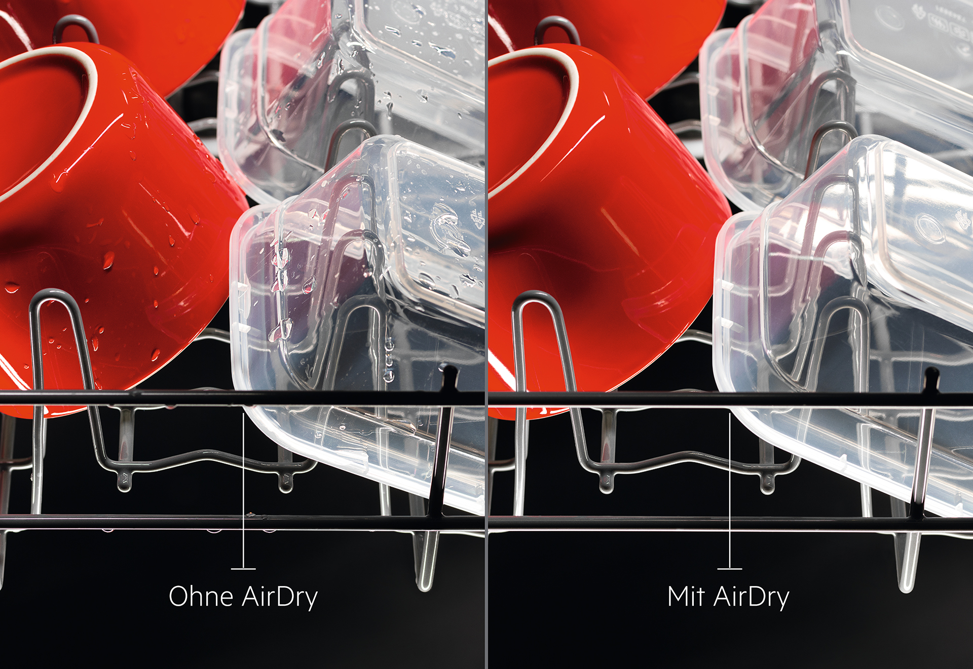 Zeigt wie Reinigung ohne AirDry sowie mit AirDry des AEG's Geschiirrsp&uuml;ler aussieht. 